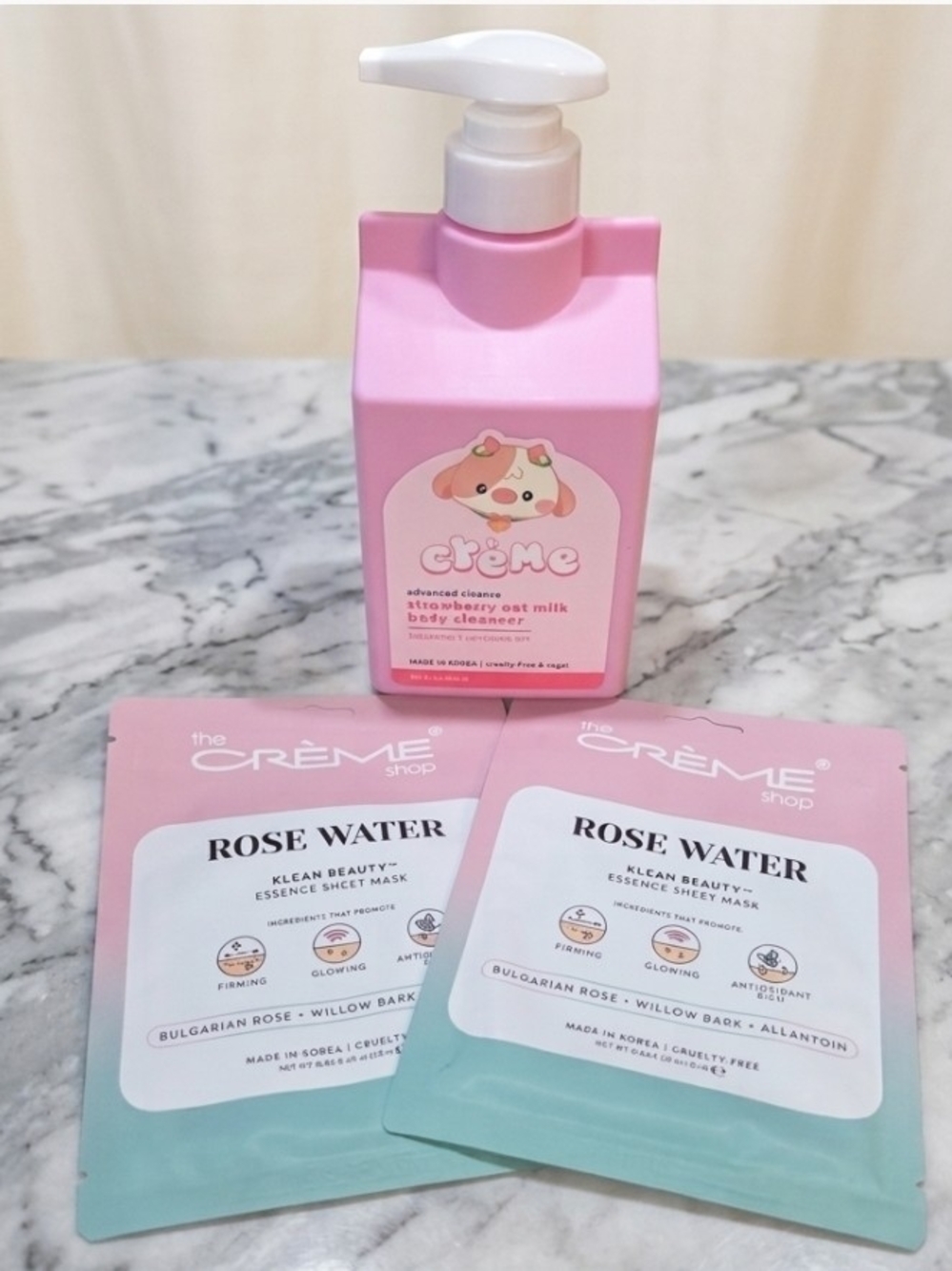 Pink Strawberry Oat Milk Body Wash Cleanser & 2 Rose Water Sheet Masks 3pc Set